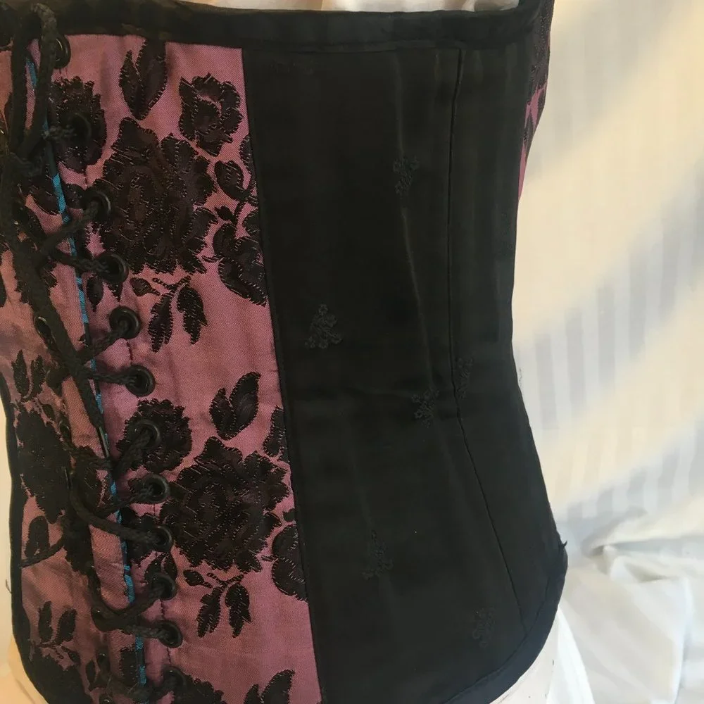 Brocade Reversible Blue Purple Steel Boned Waist Training Shaper Corset Sz Lg - Picture 10 of 16
